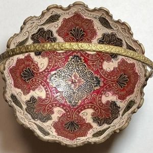 Vintage Enesco Solid‎ Brass Enameled Bowl With Handle~ Made in India